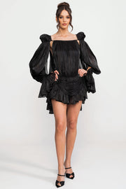 Sheer Draped Mini Dress With Cape Sleeves And Gold Clip Detail - Black