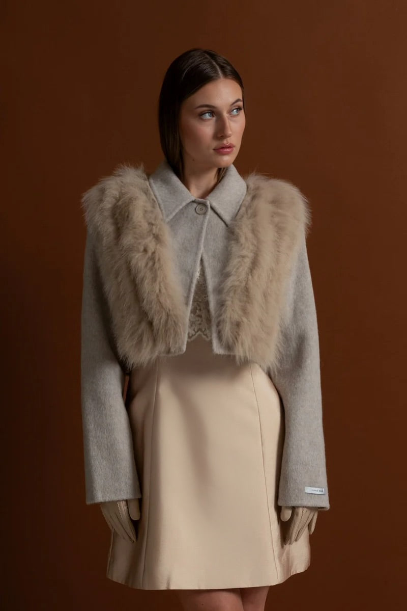 Wool Cropped Jacket with Fox Fur Collar – Taupe