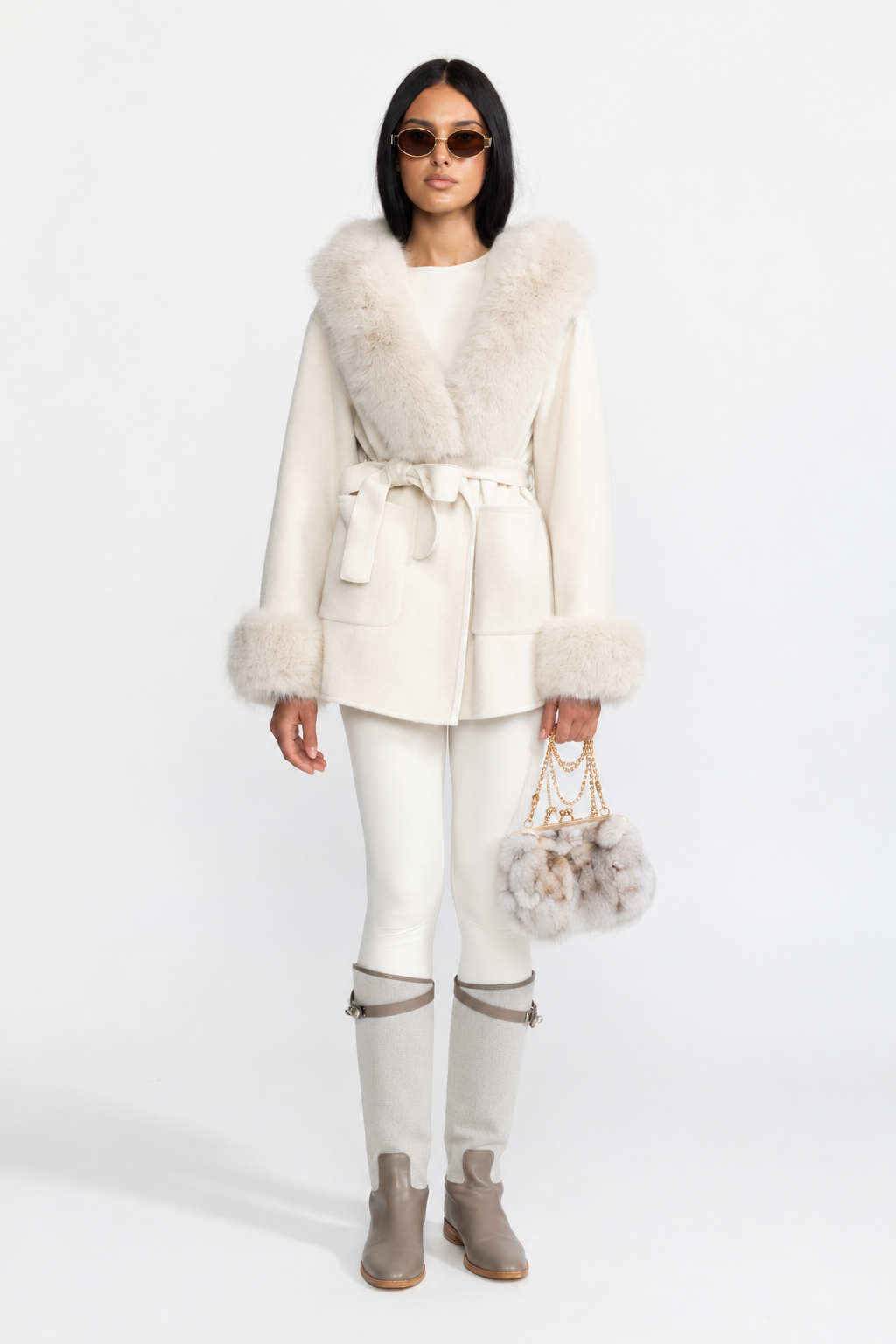Dorothée Ivoire Hooded Belted Cashmere-Blend Coat with Fur Trim