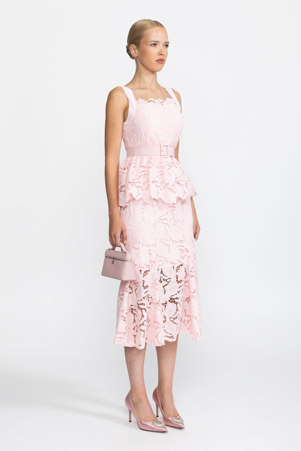 Guipure Lace Peplum Midi Dress - Pink