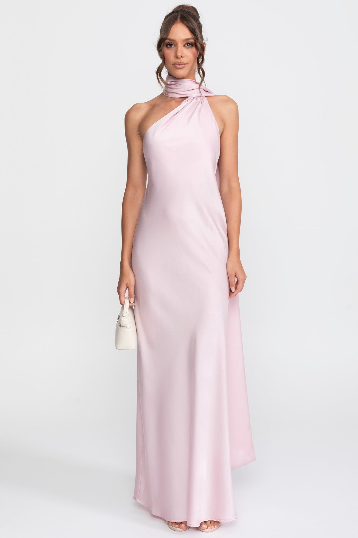 Twist Halter Satin Slip Dress With Asymmetric Neckline - Pink
