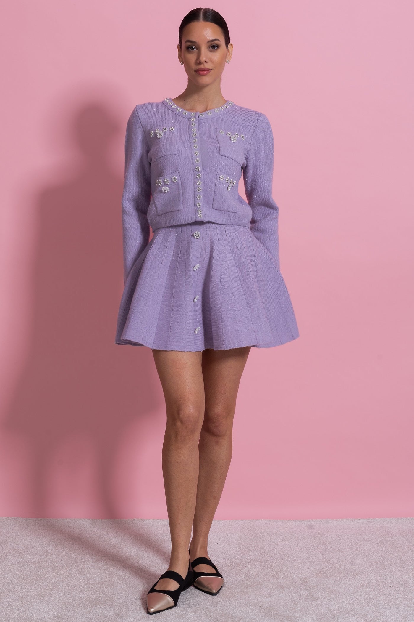 Knit Co-Ord Set With Long Sleeve Cardigan And Matching Mini Skirt - Lilac