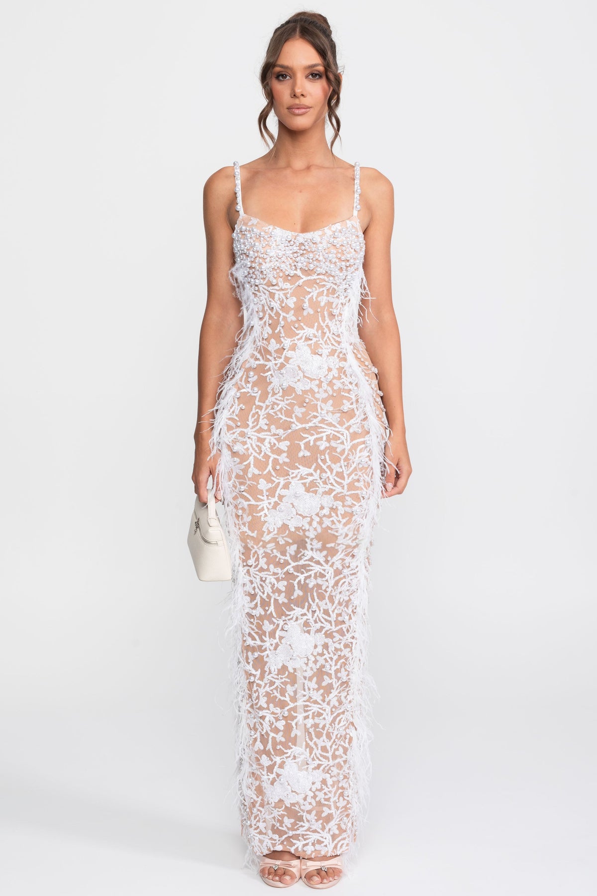 Feather Trim Beaded Lace Gown With Pearl Straps - White