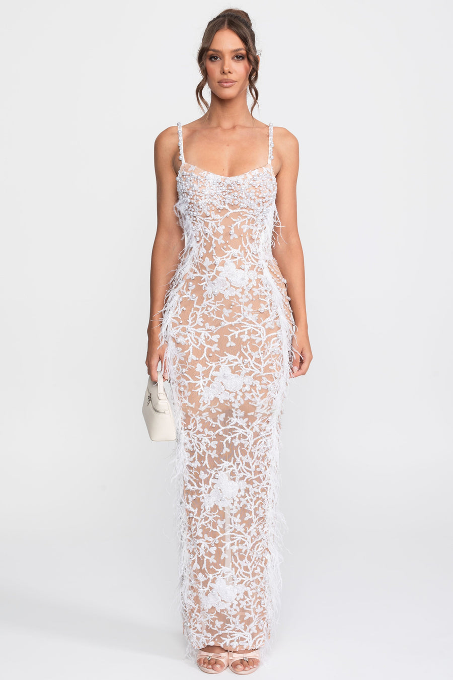 Feather Trim Beaded Lace Gown With Pearl Straps - White