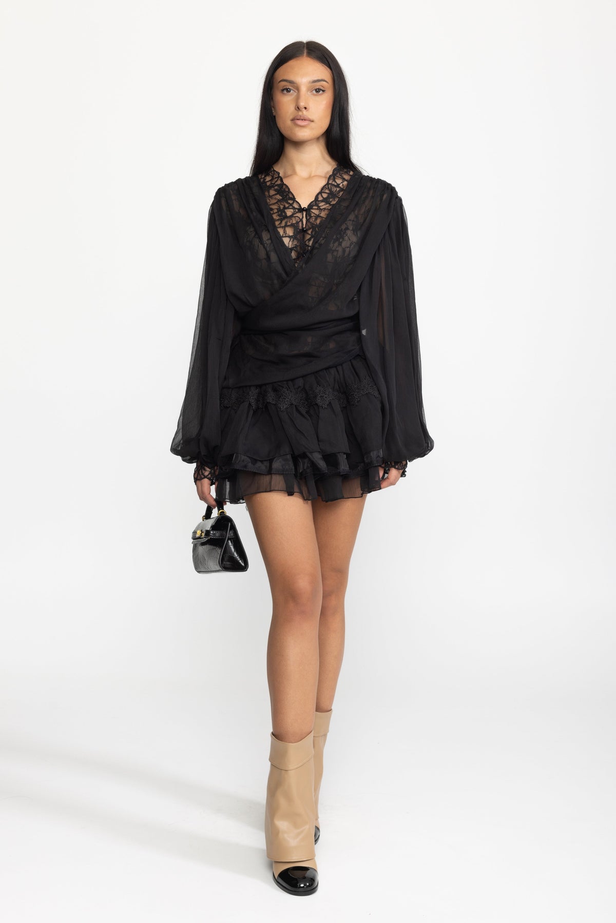 Lace Inset Chiffon Wrap Blouse and Ruffle Mini Skirt Co-ord Set - Black