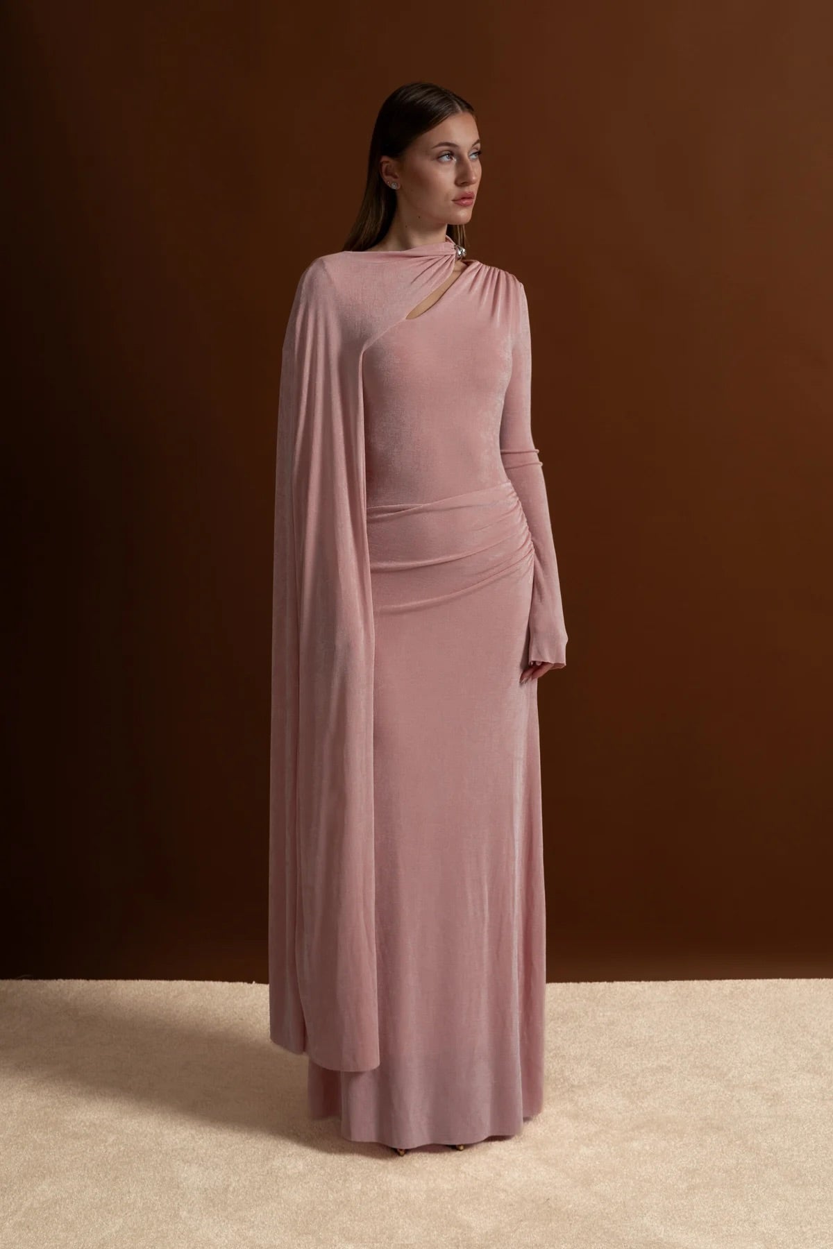 Elegant Draped Gown With Asymmetric Cutout – Blush Pink