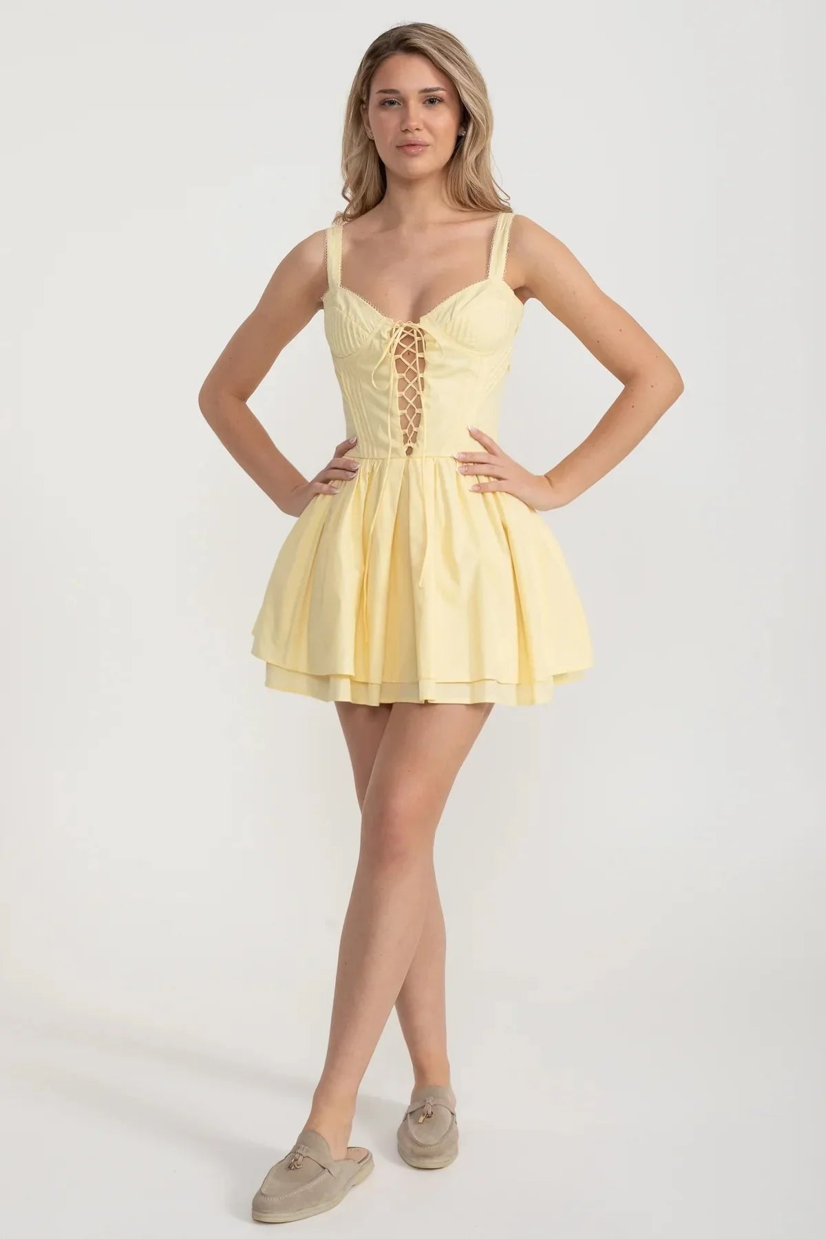 Corset Style Sleeveless Dress With Lace-Up Front Detailing - Yellow