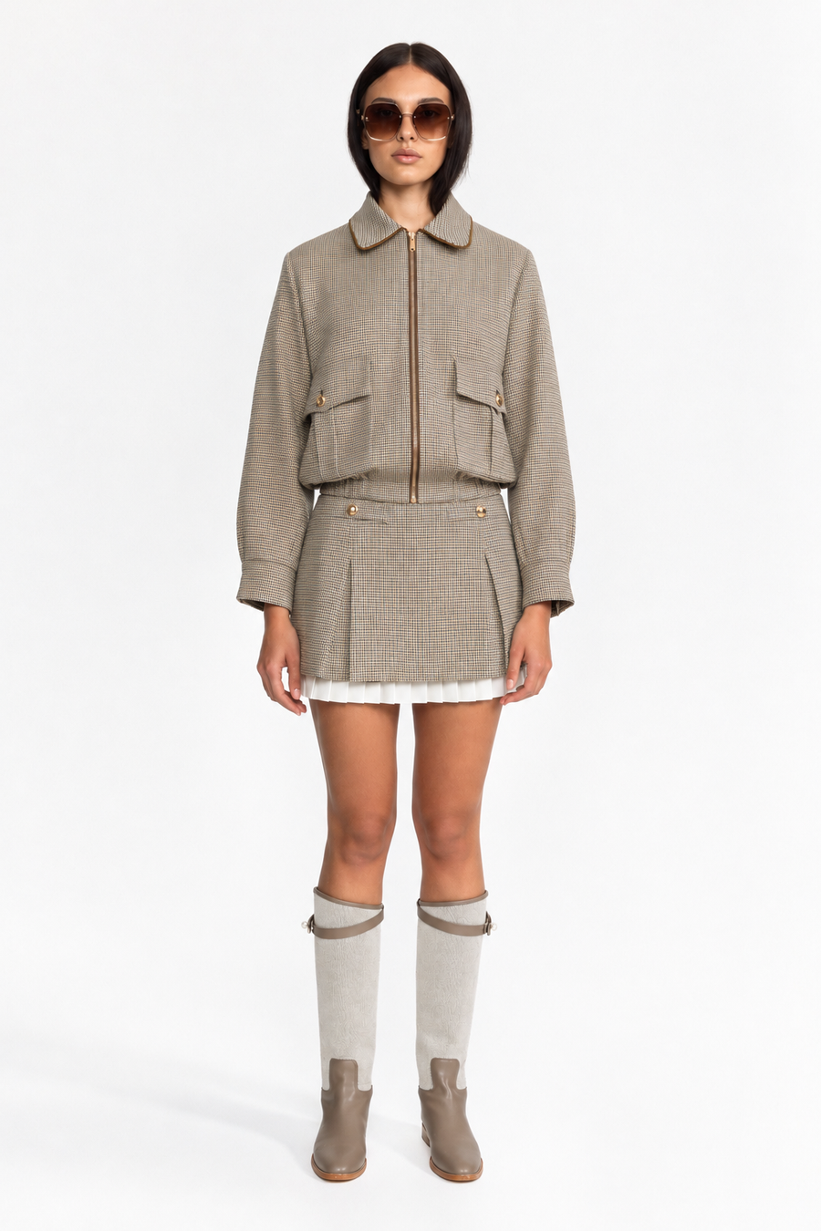 Houndstooth Bomber Jacket and Pleated Mini Skirt Set - Beige