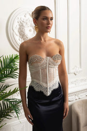 Lace Bustier Top With Crystal Embellished Cups - Ivoire