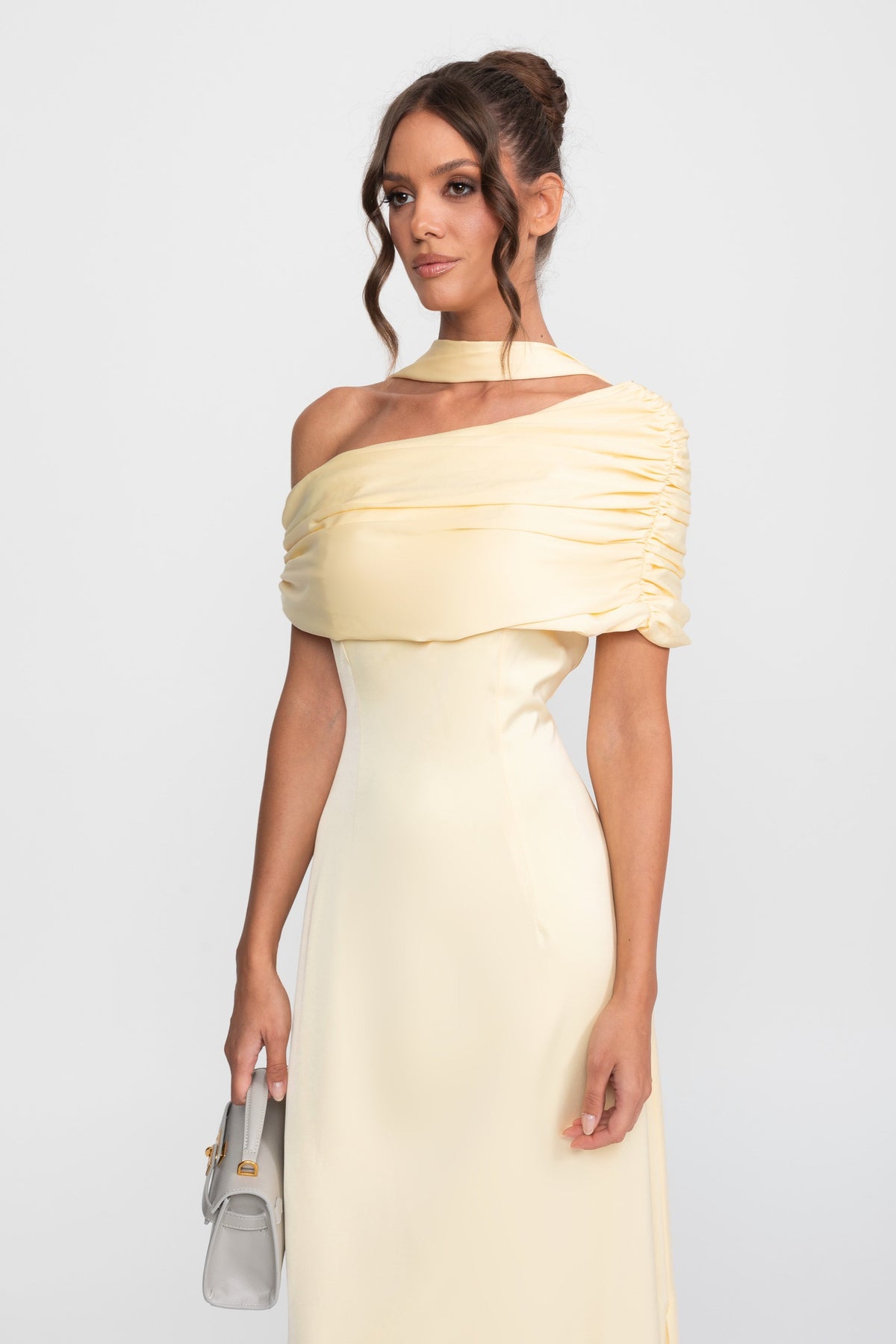One-Shoulder Draped Satin Gown With Ruched Wrap - Yellow