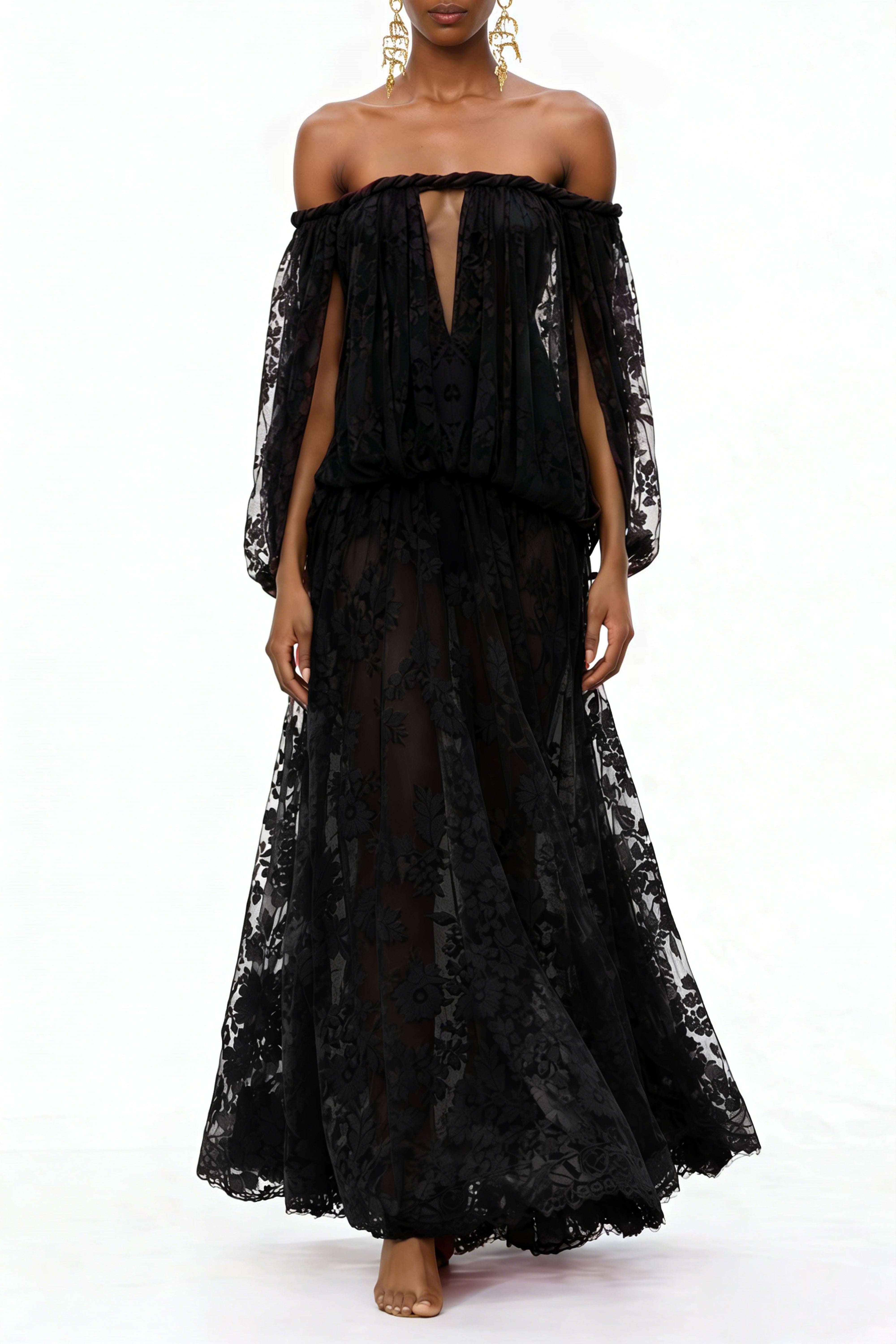 Fabienne Black Floral Appliqué Maxi Dress