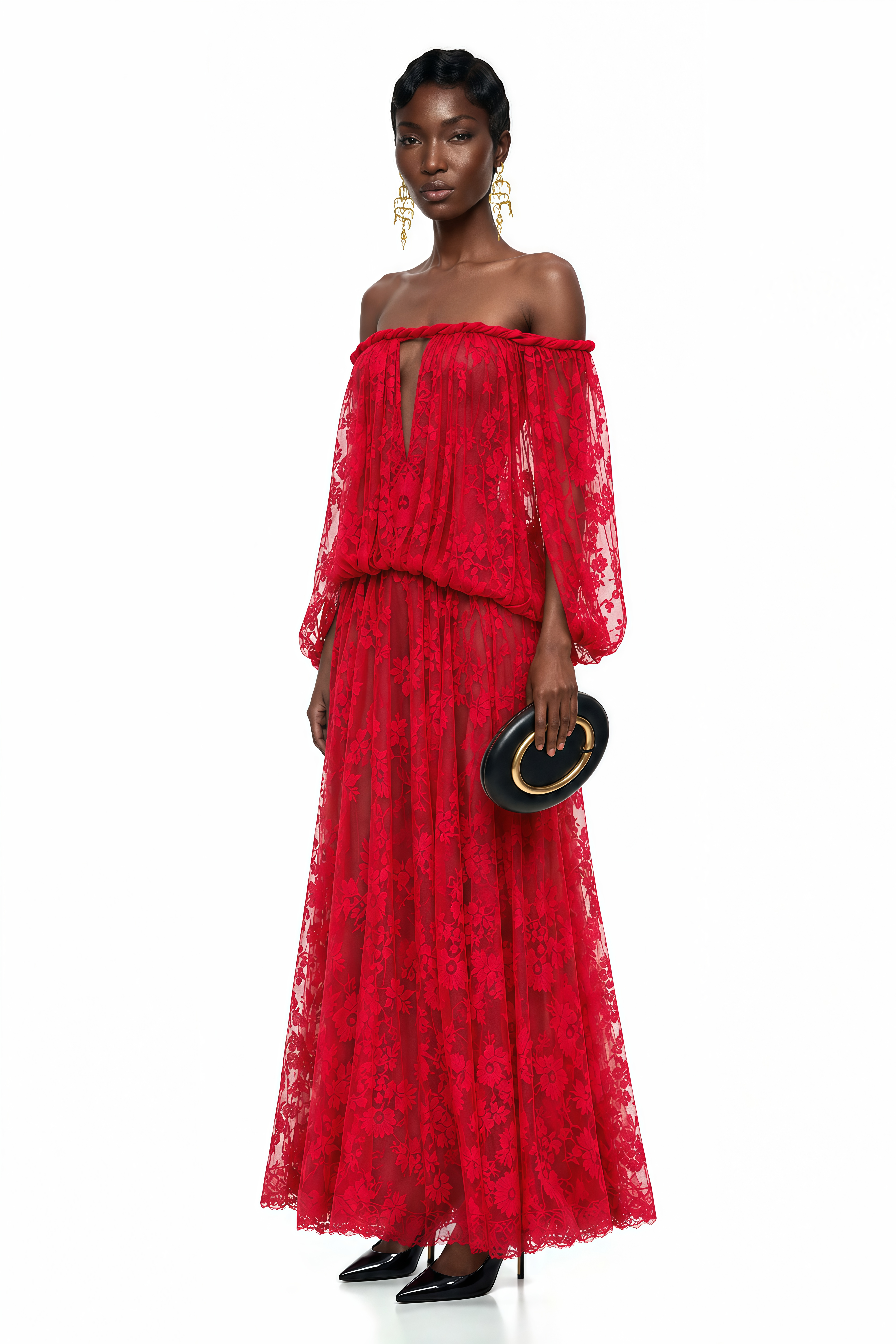 Fabienne Red Floral Appliqué Maxi Dress (Final Sale-US Only)