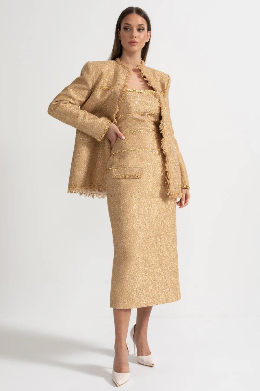 Elvire Gold Textured Tweed Overcoat With Intricate Sequin Embellishments And Fringe Trim Accents