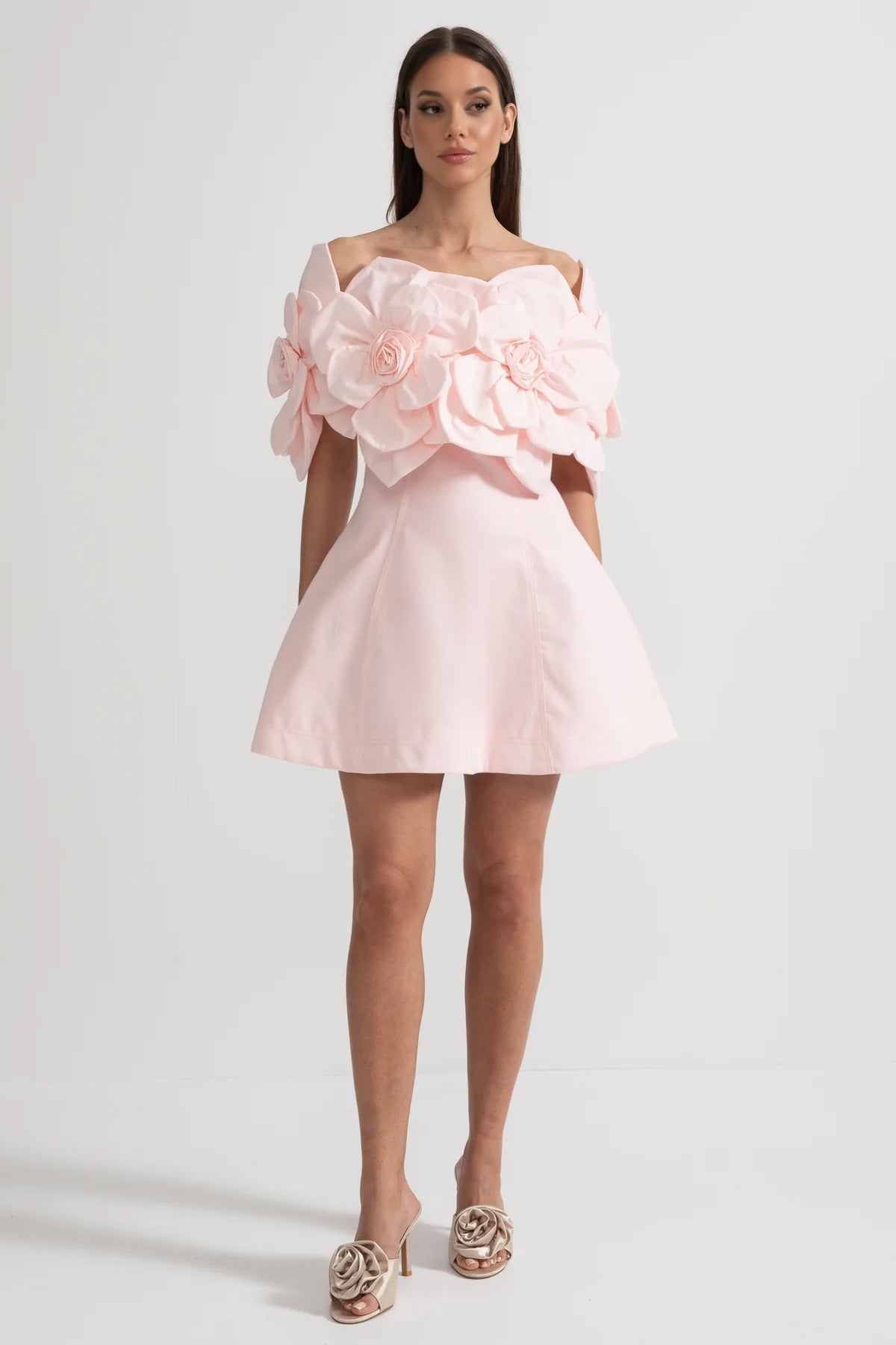 Off-Shoulder Mini Dress With Large Fabric Floral Accents - Pink