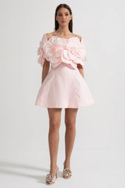 Off-Shoulder Mini Dress With Large Fabric Floral Accents - Pink