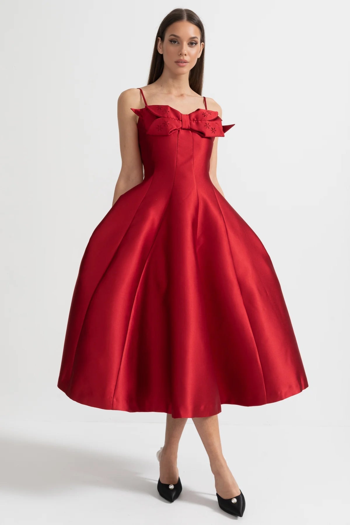 Midi Satin Dress With Fitted Bodice, Delicate Thin Straps And Bow Accent - Red