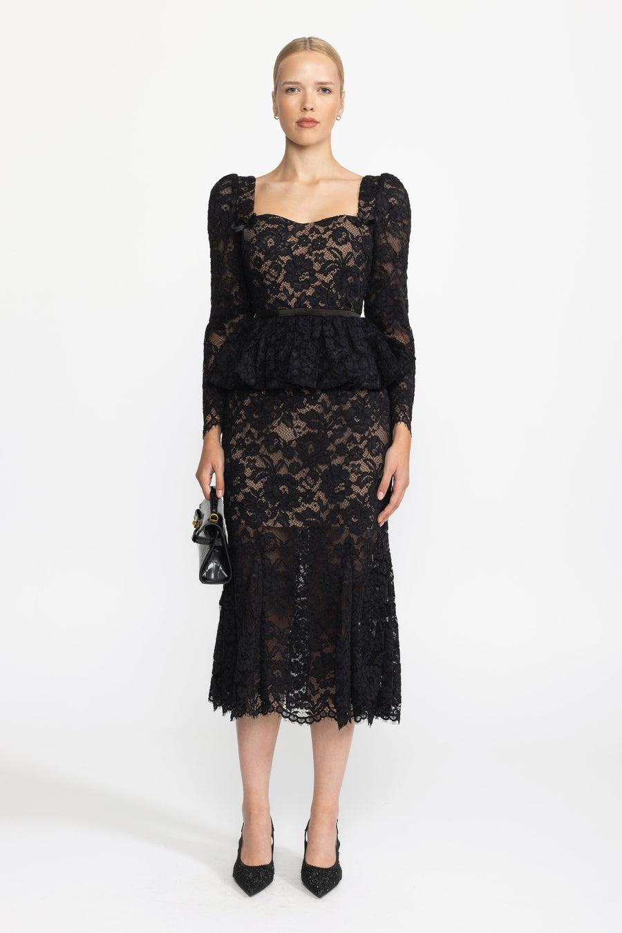 Lace Sweetheart Peplum Midi Dress with Puff Sleeves - Black