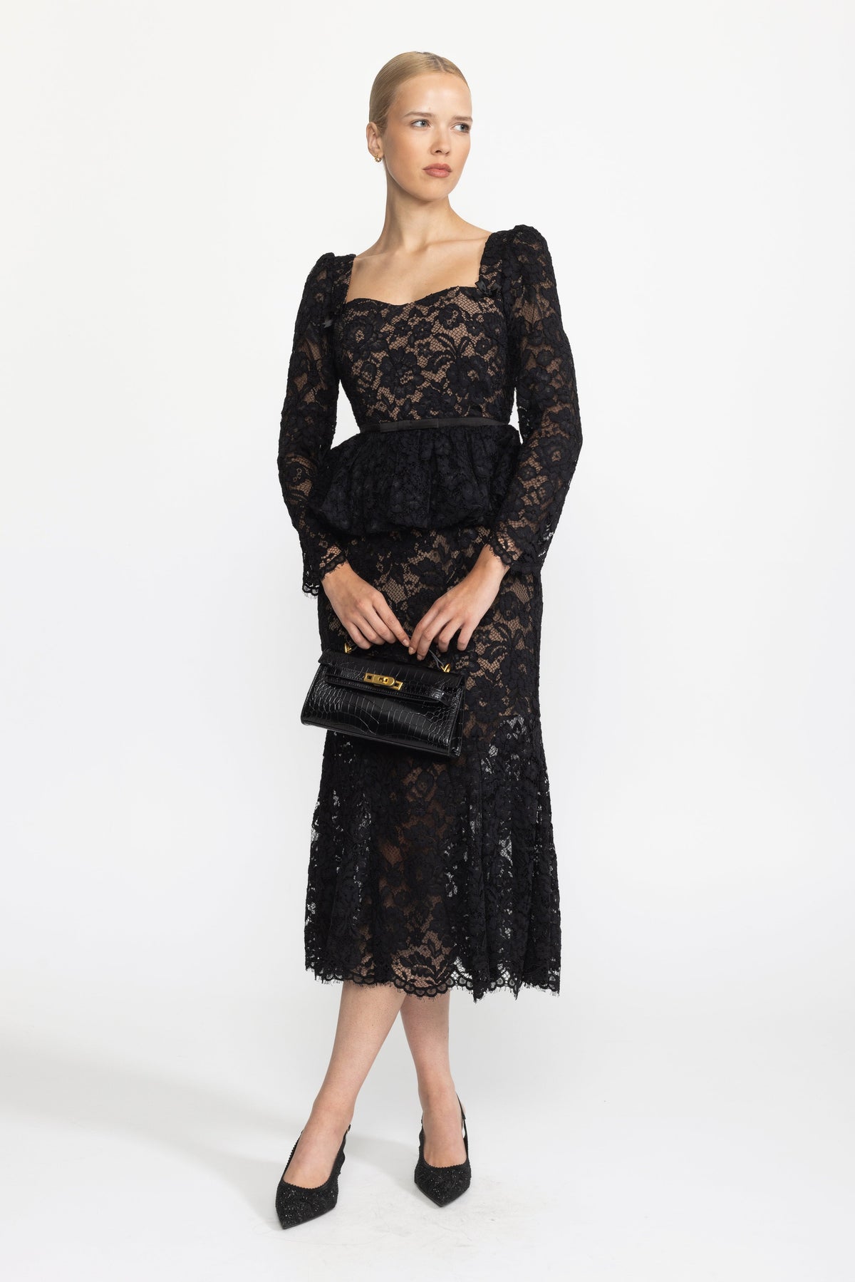 Lace Sweetheart Peplum Midi Dress with Puff Sleeves - Black
