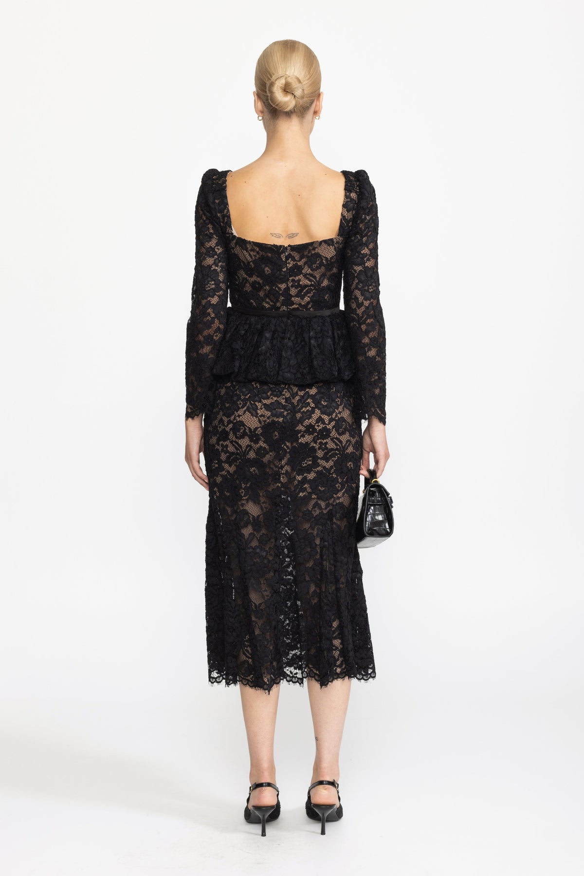 Lace Sweetheart Peplum Midi Dress with Puff Sleeves - Black