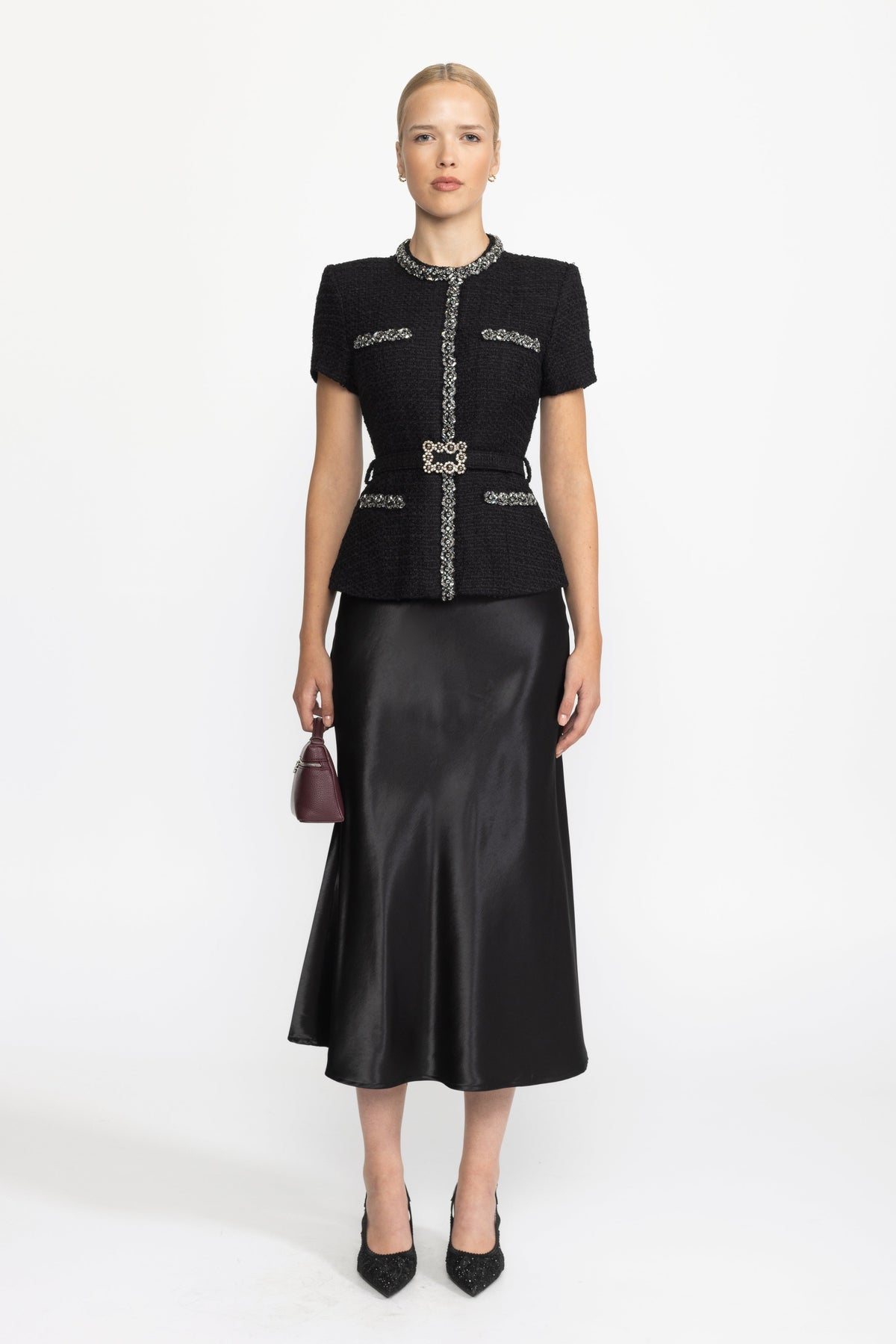 Crystal Trim Tweed and Satin Peplum Midi Dress - Black