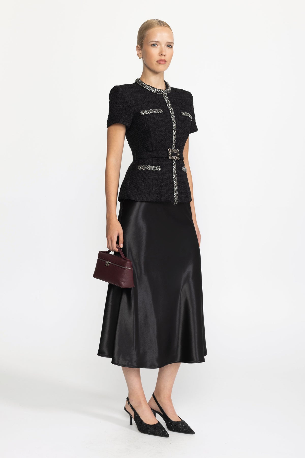 Crystal Trim Tweed and Satin Peplum Midi Dress - Black