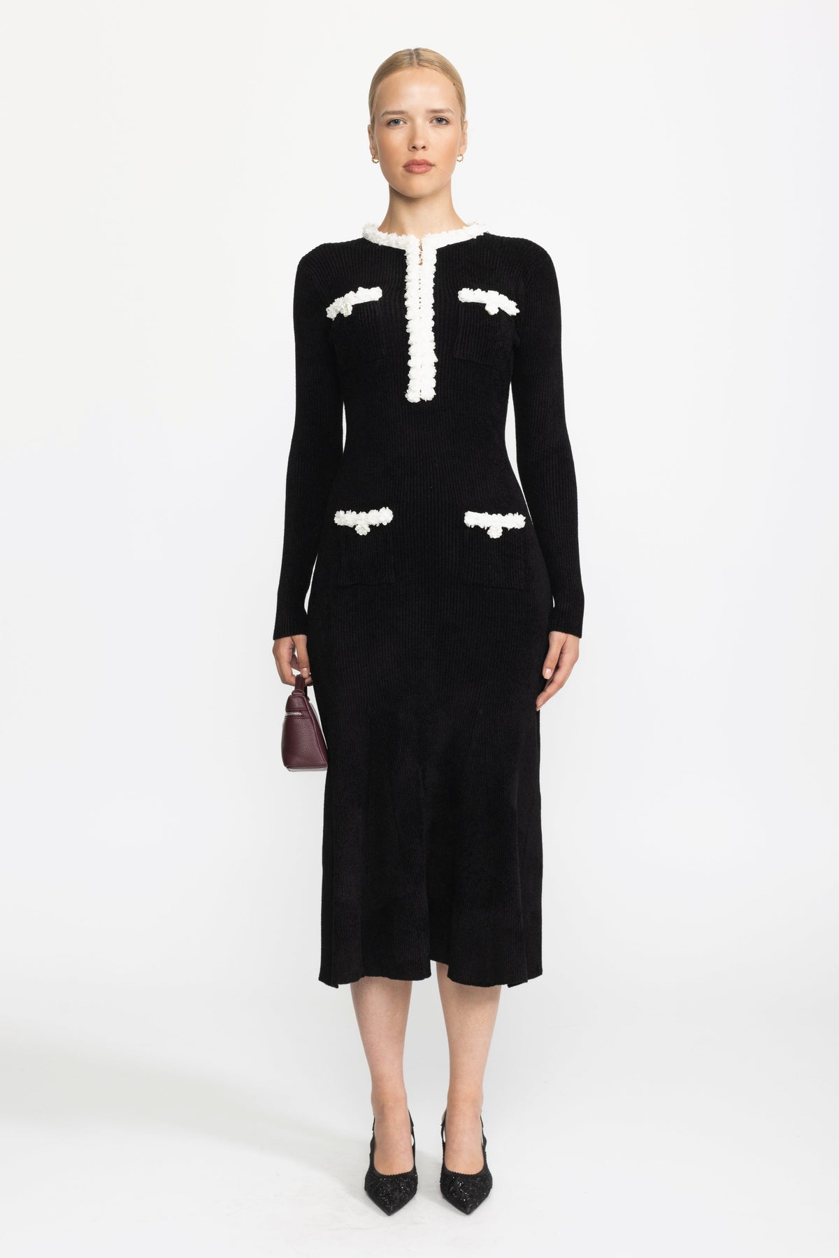 Bertille Black Chenille Knit Midi Dress with Contrast Bobble Trim
