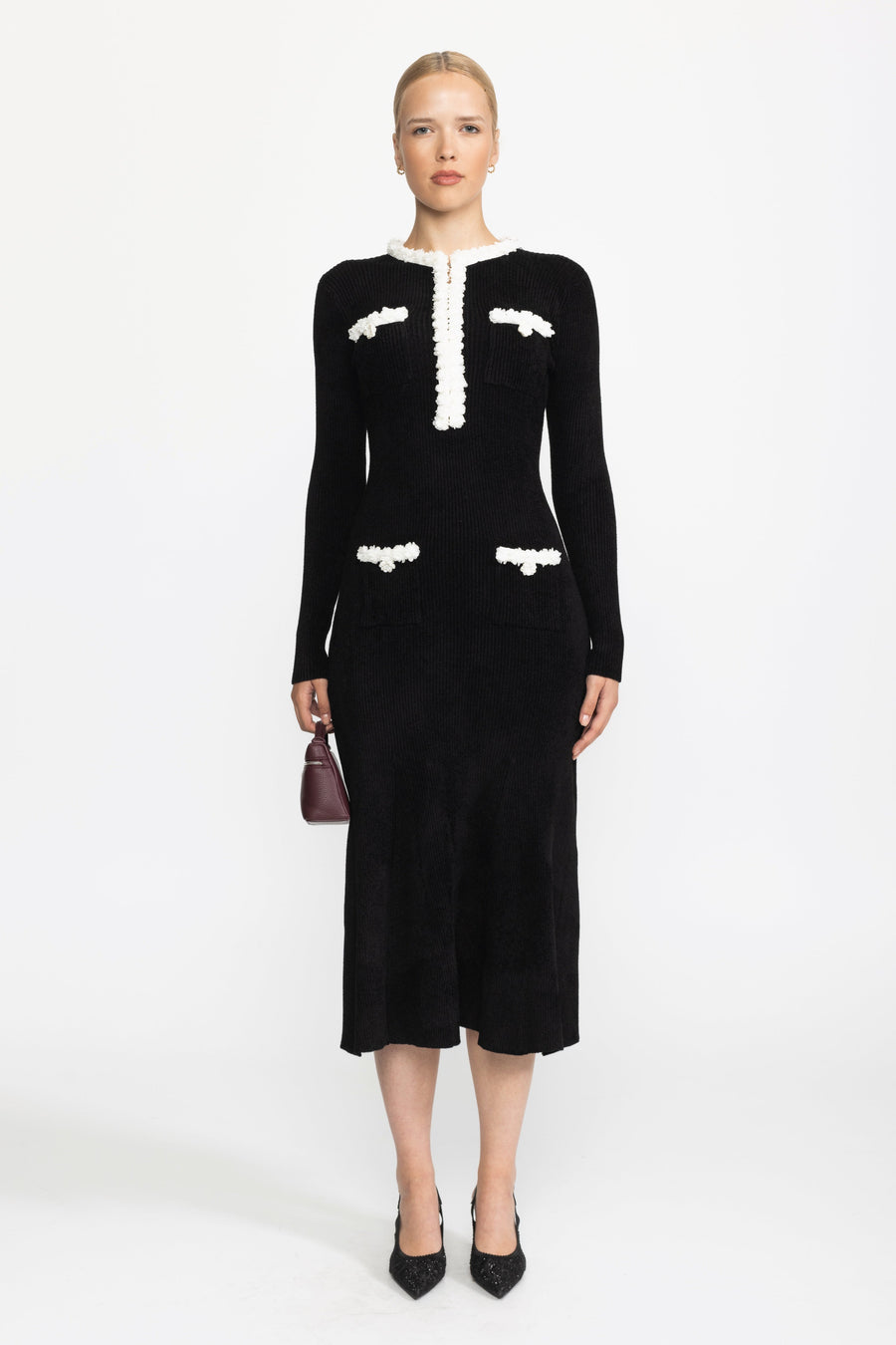 Bertille Black Chenille Knit Midi Dress with Contrast Bobble Trim