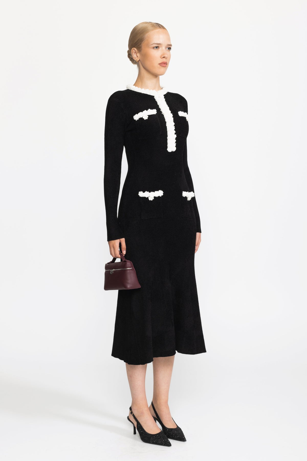 Bertille Black Chenille Knit Midi Dress with Contrast Bobble Trim