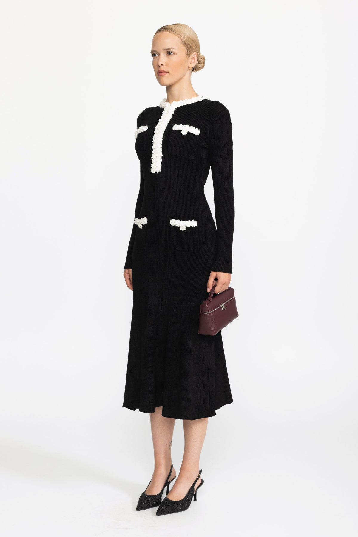Bertille Black Chenille Knit Midi Dress with Contrast Bobble Trim