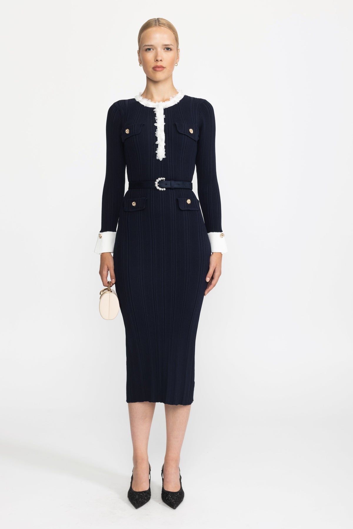 Albertine Navy Organza Ruffle Trim Rib Knit Belted Midi Dress
