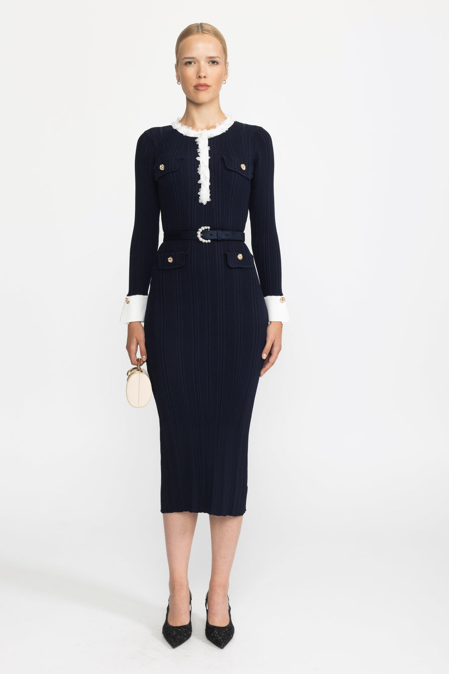 Albertine Navy Organza Ruffle Trim Rib Knit Belted Midi Dress