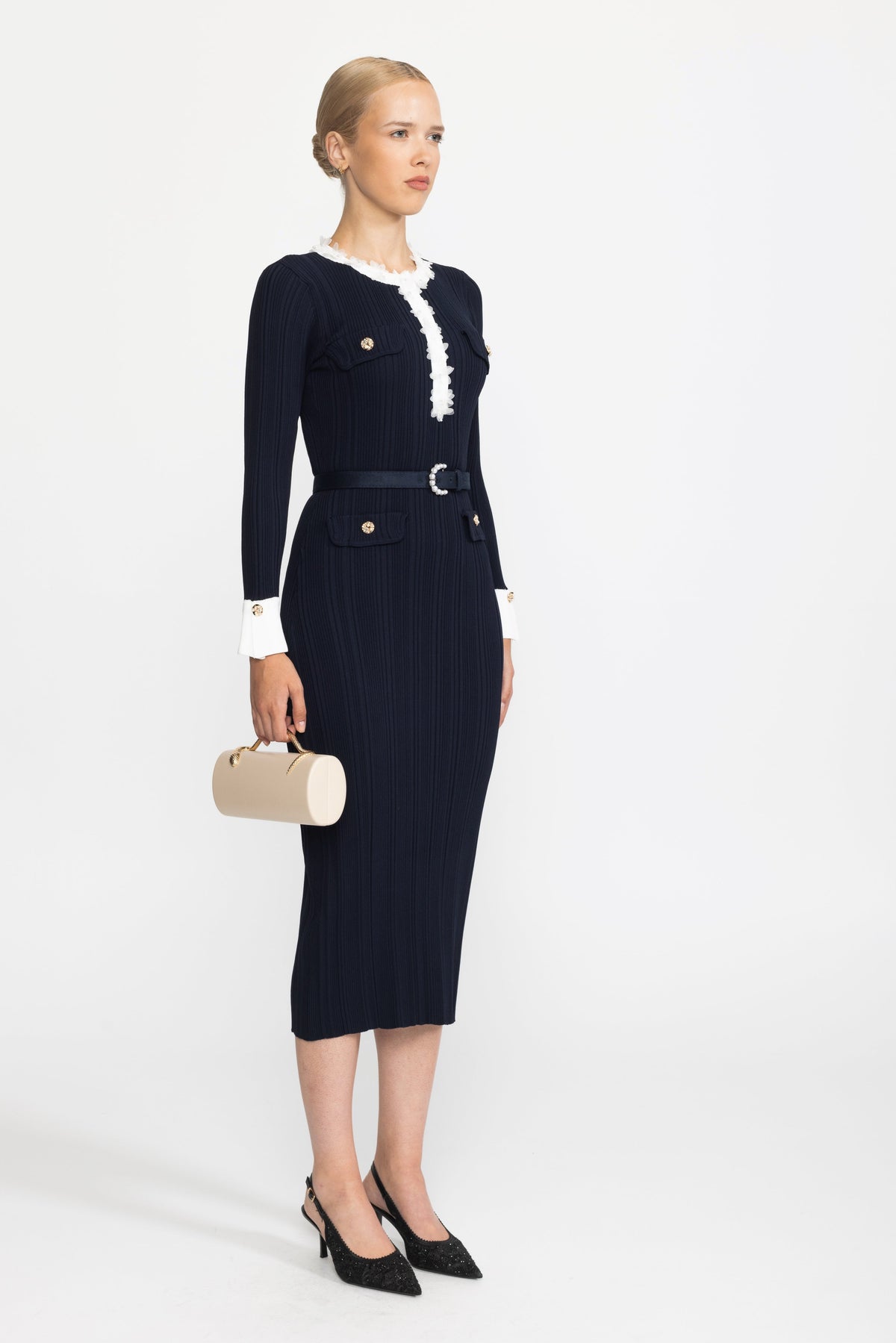 Albertine Navy Organza Ruffle Trim Rib Knit Belted Midi Dress
