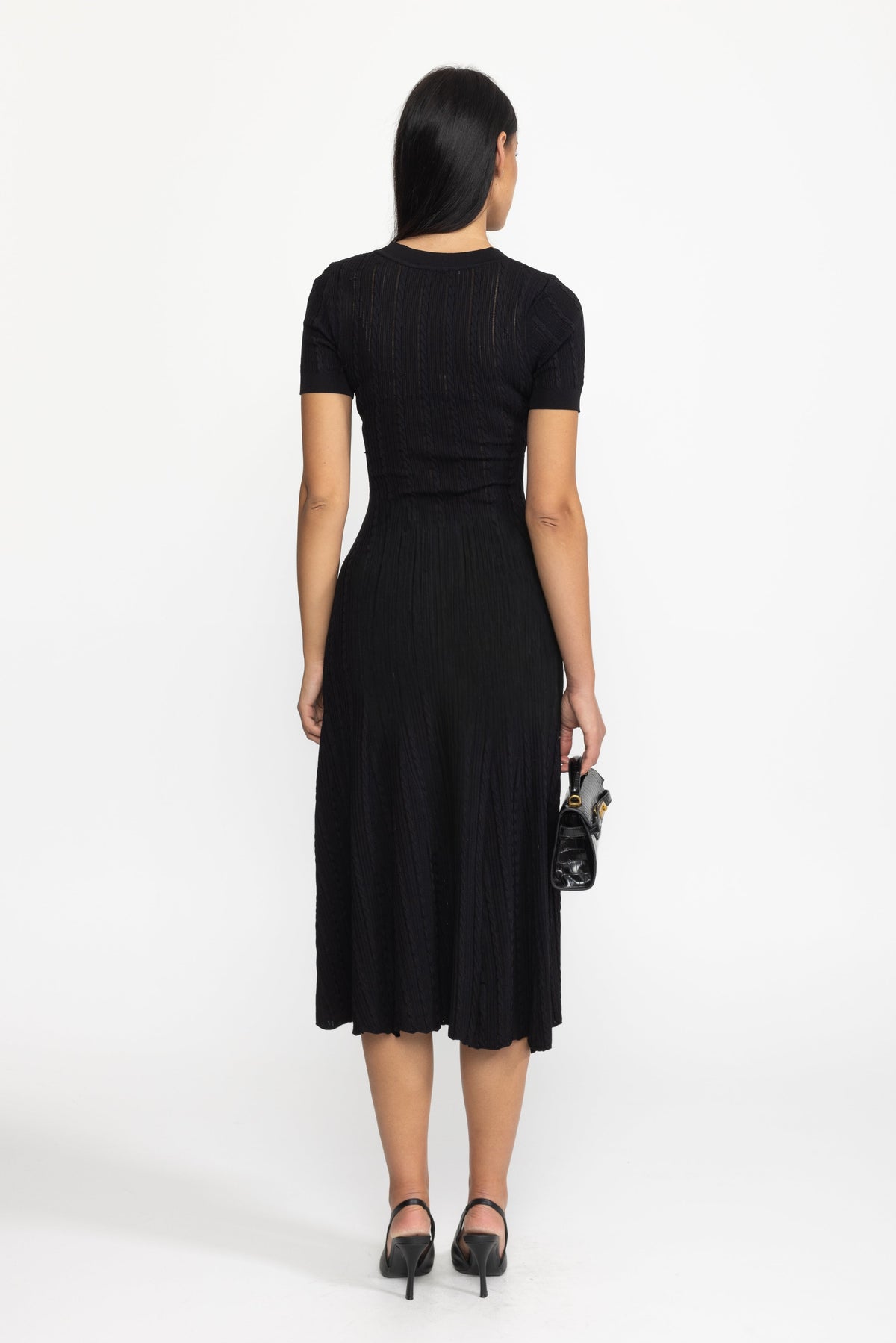 Clémence Black Cable Knit Jewel-Button Midi Dress
