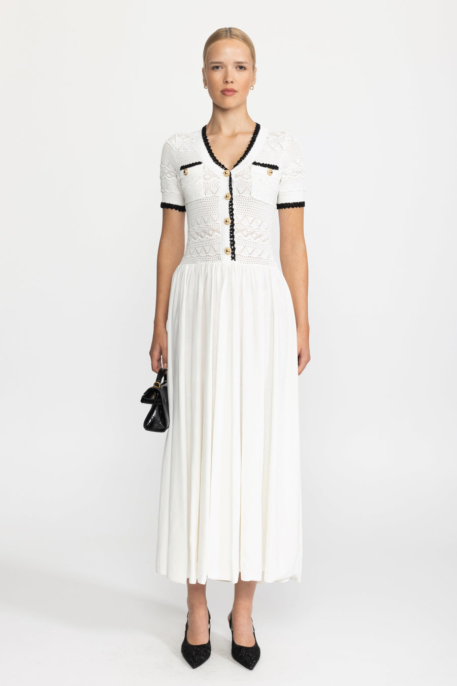 Agathe White Pointelle Knit Bodice Belted Maxi Dress