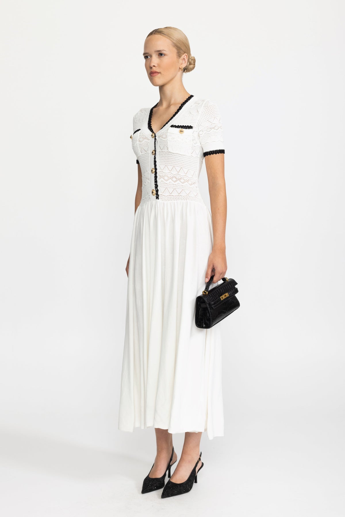 Agathe White Pointelle Knit Bodice Belted Maxi Dress