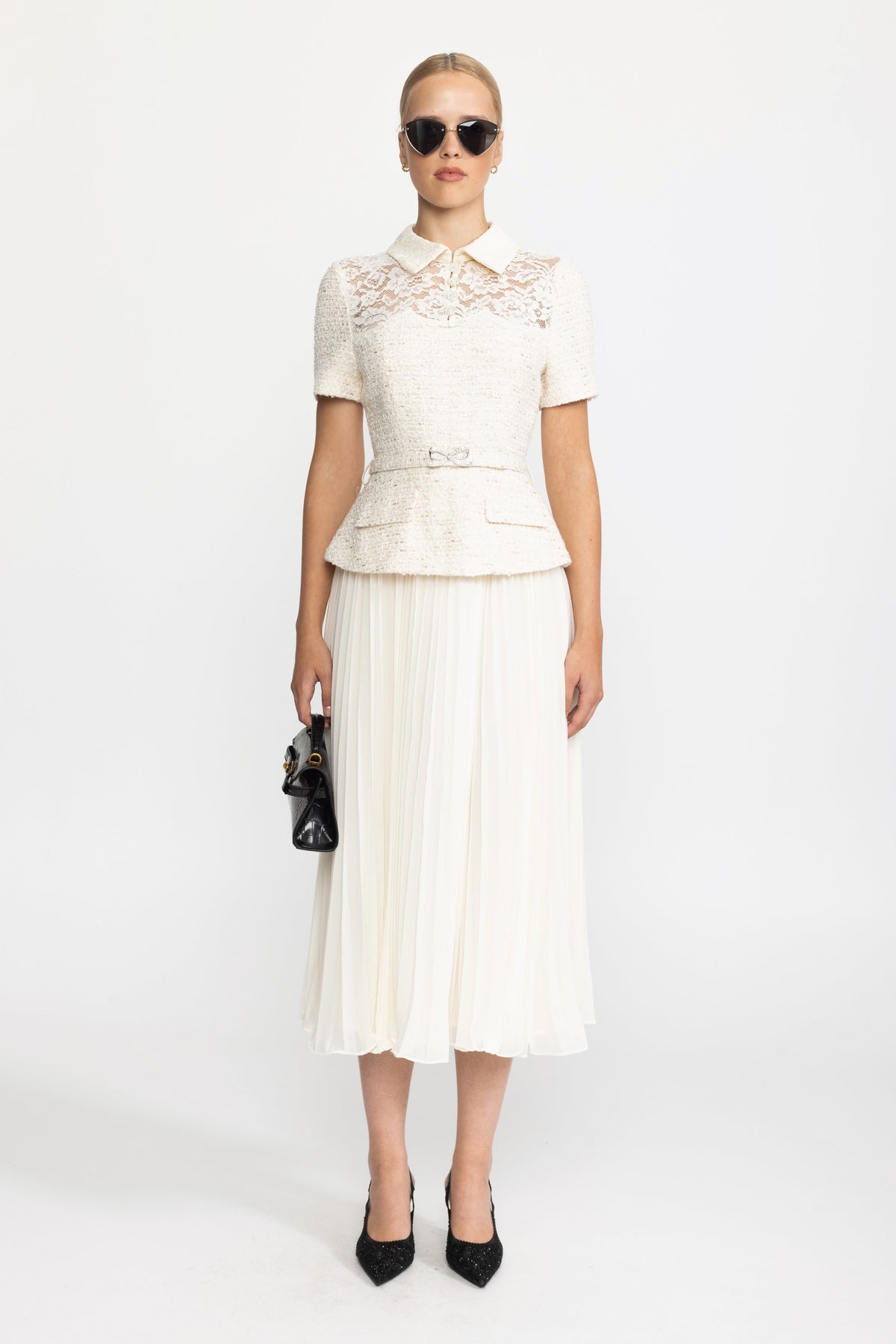 Domitille Ivoire Lace Yoke Tweed Peplum Dress with Pleated Skirt