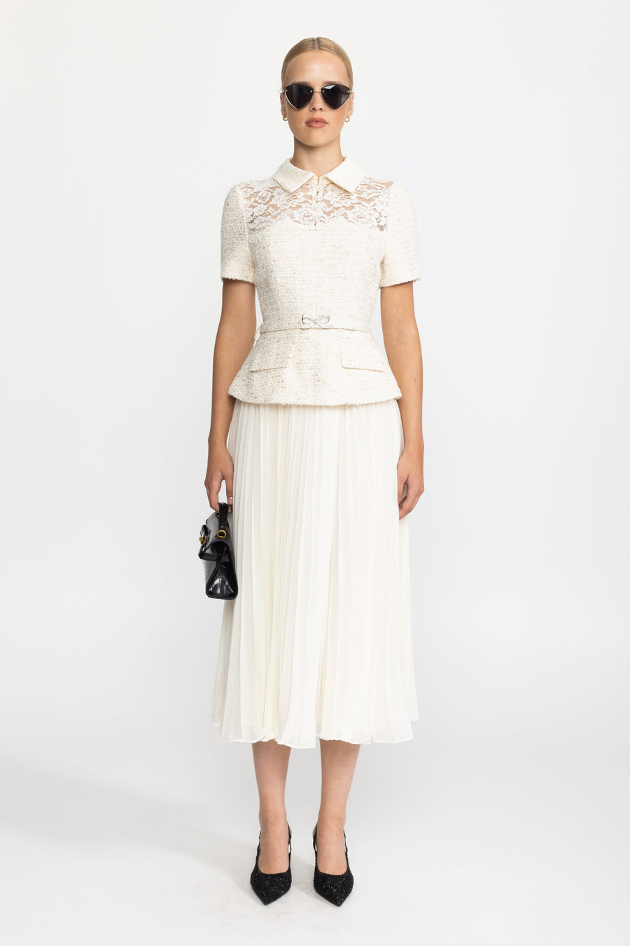 Domitille Ivoire Lace Yoke Tweed Peplum Dress with Pleated Skirt