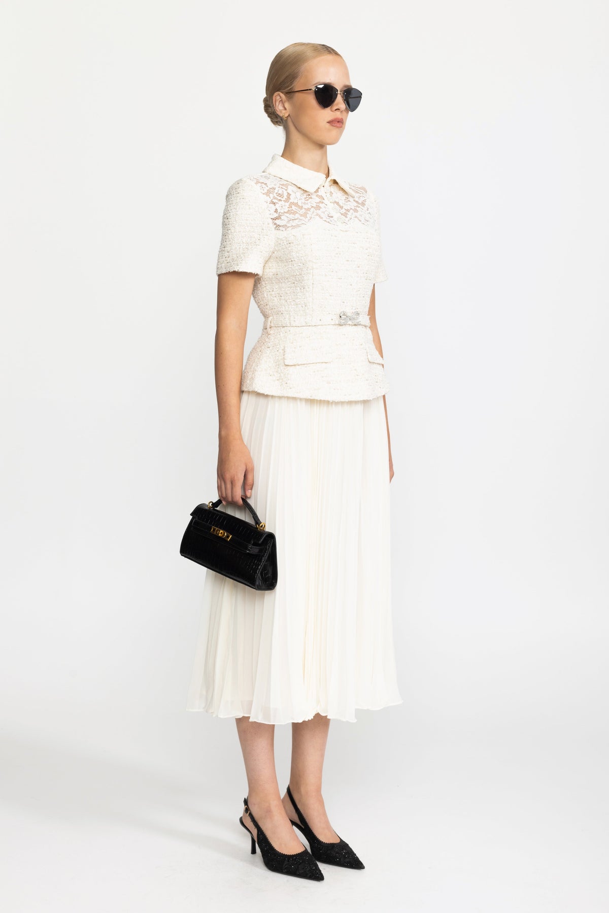 Domitille Ivoire Lace Yoke Tweed Peplum Dress with Pleated Skirt