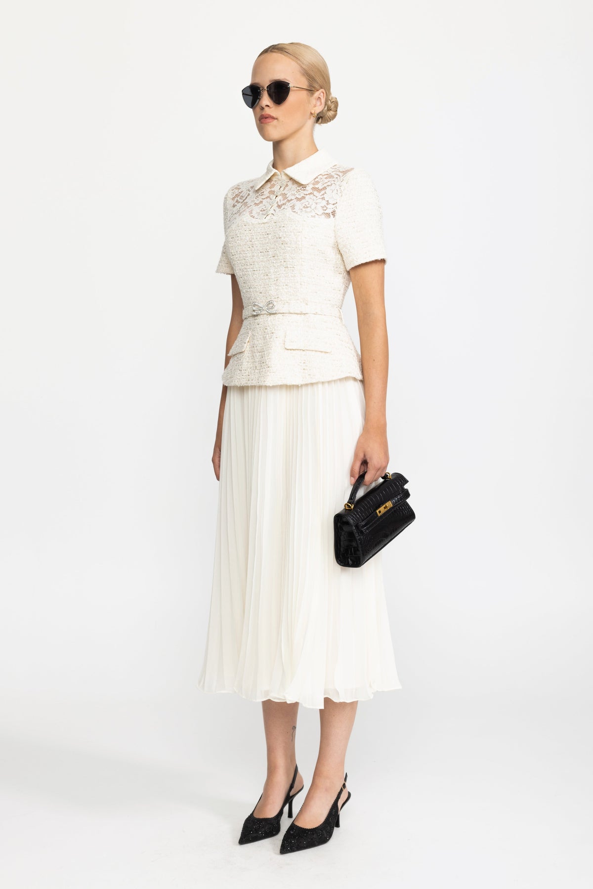 Domitille Ivoire Lace Yoke Tweed Peplum Dress with Pleated Skirt