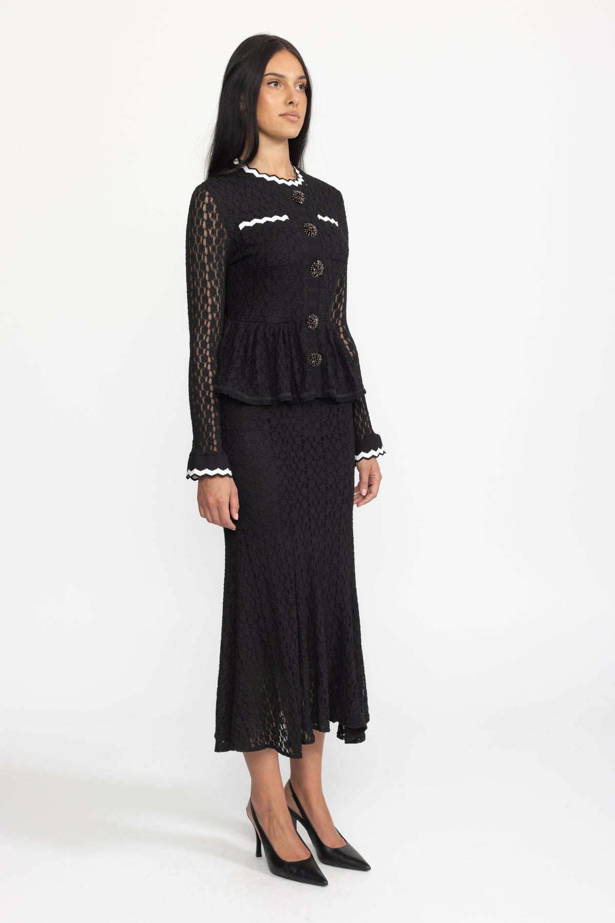 Hortense Black Crochet Knit Peplum Midi Dress with Ric-Rac Trim