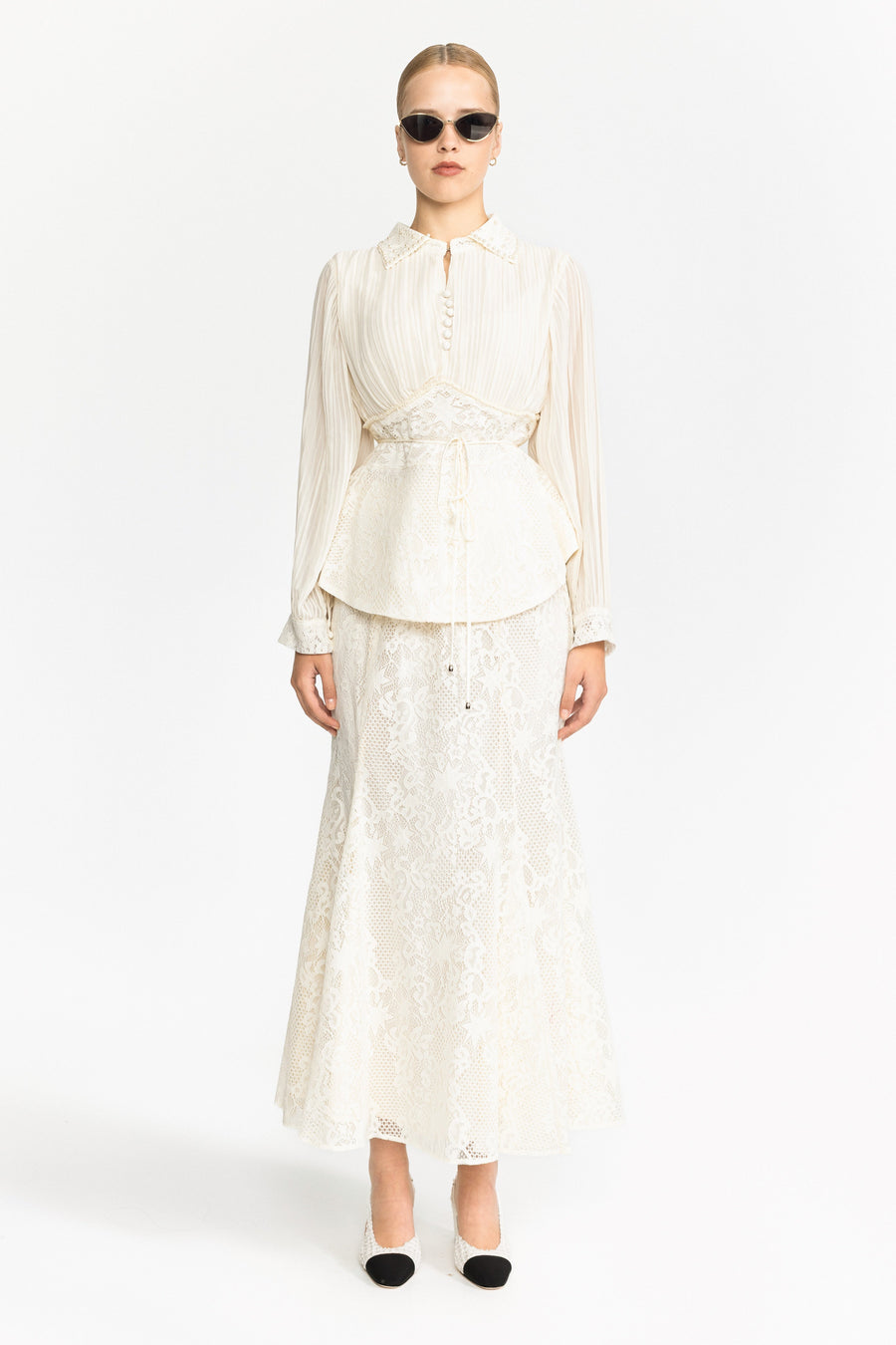 Rosalind Ivoire Pleated Chiffon Lace Peplum Blouse and Maxi Skirt Set