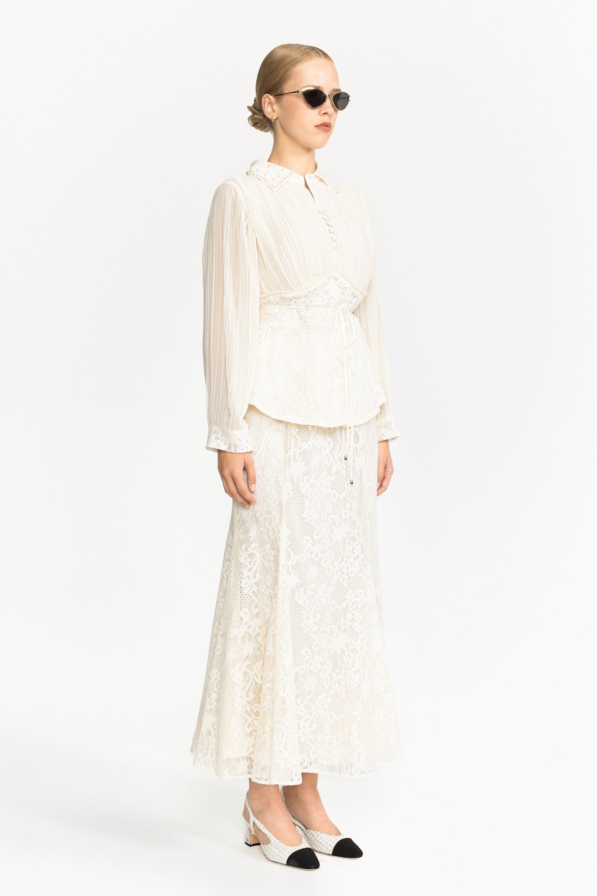 Rosalind Ivoire Pleated Chiffon Lace Peplum Blouse and Maxi Skirt Set