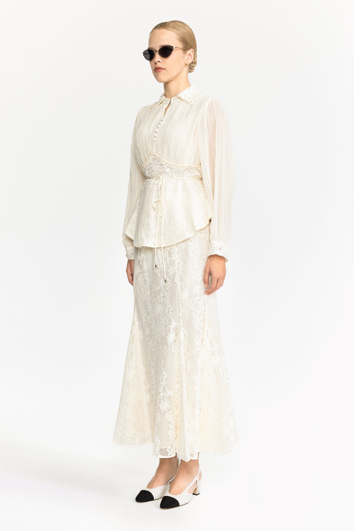 Rosalind Ivoire Pleated Chiffon Lace Peplum Blouse and Maxi Skirt Set