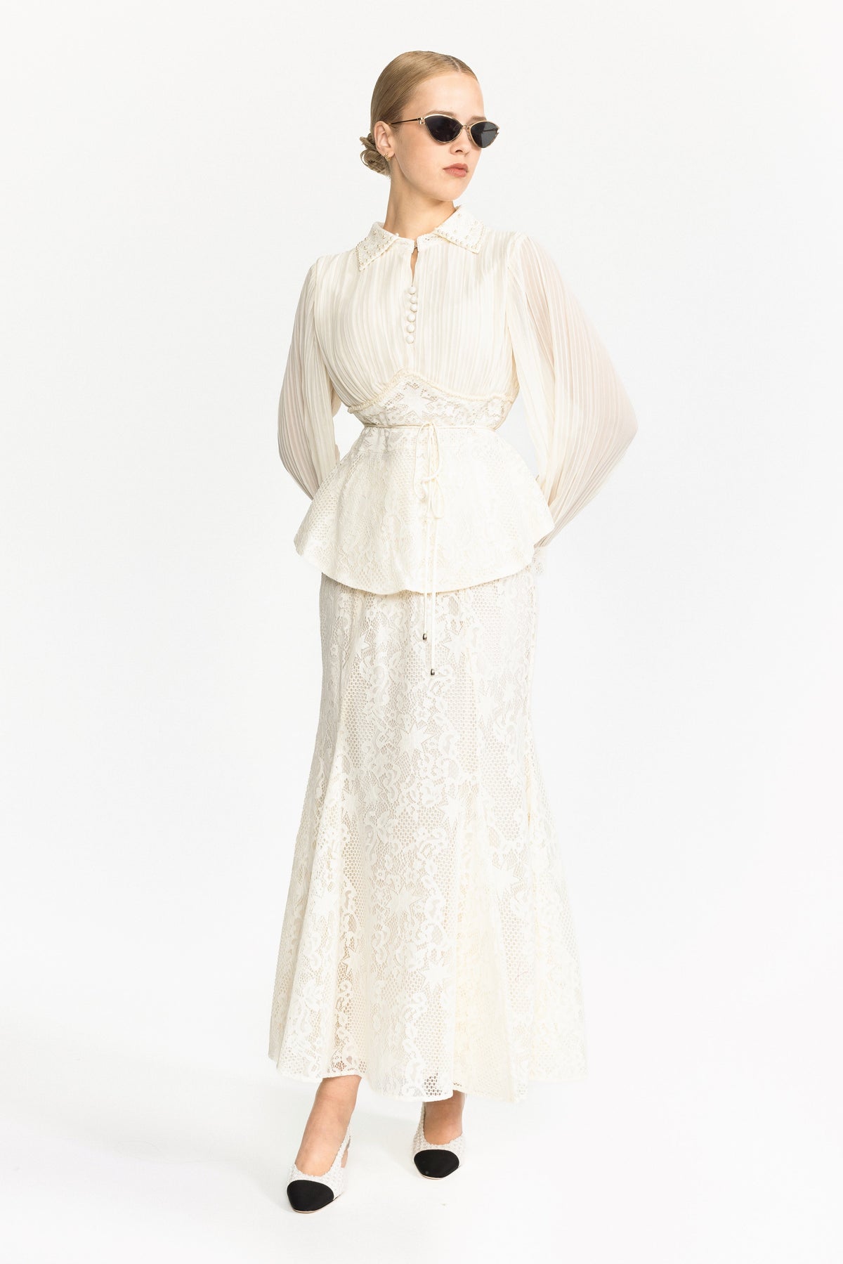 Rosalind Ivoire Pleated Chiffon Lace Peplum Blouse and Maxi Skirt Set