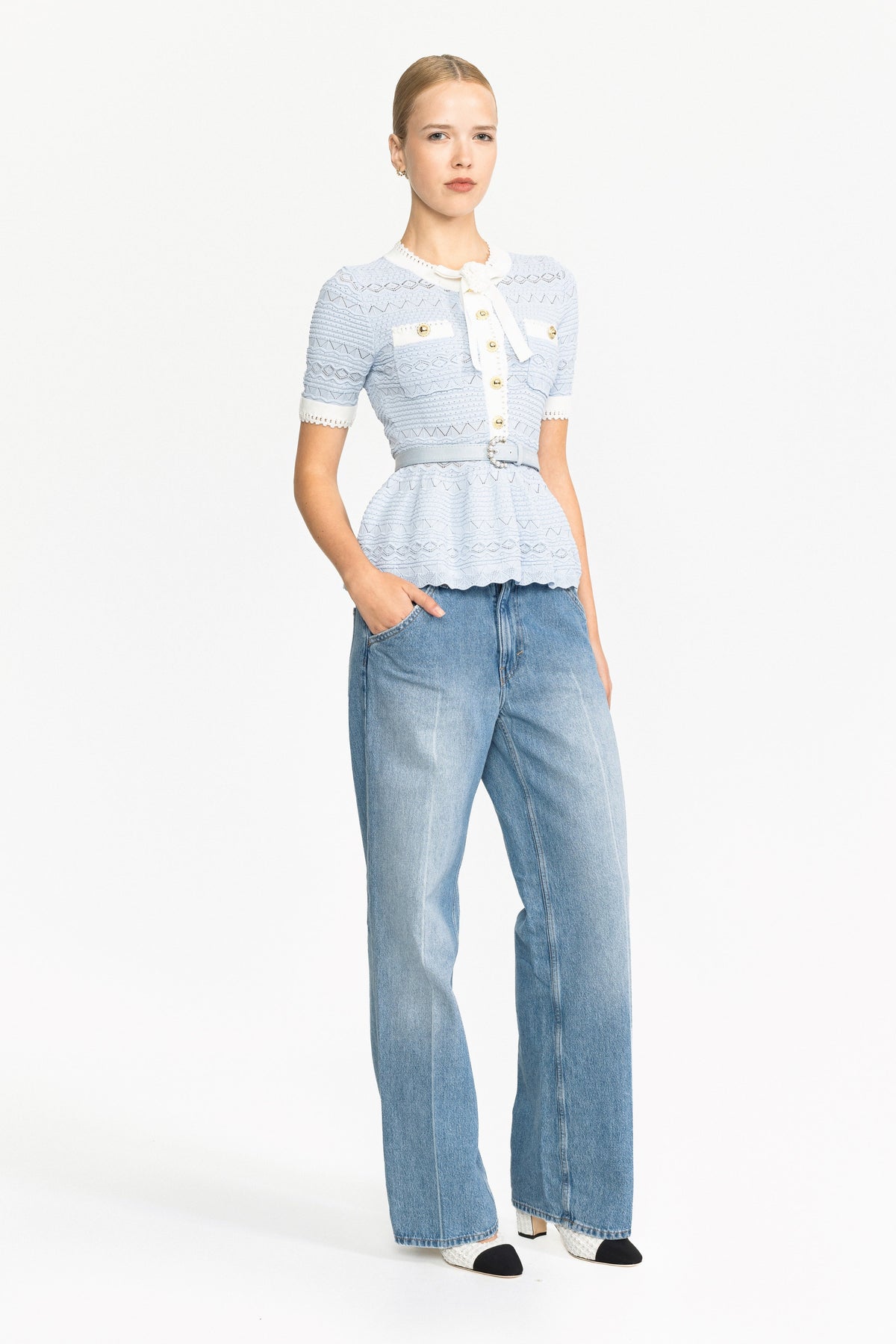 Aimée Light Blue Pointelle Knit Bow Peplum Top