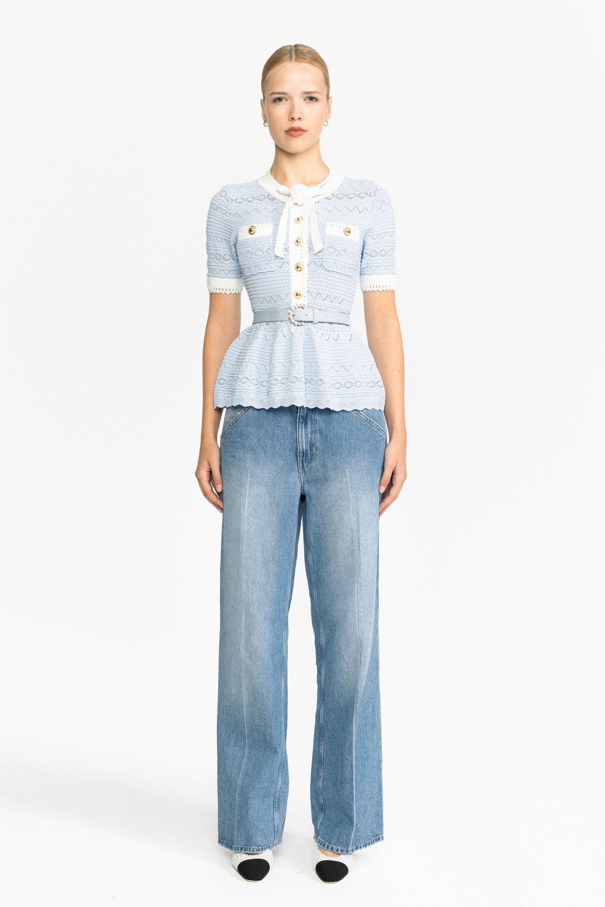 Aimée Light Blue Pointelle Knit Bow Peplum Top