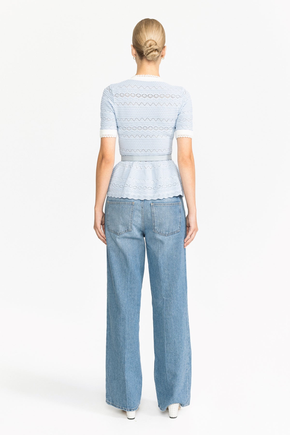 Aimée Light Blue Pointelle Knit Bow Peplum Top