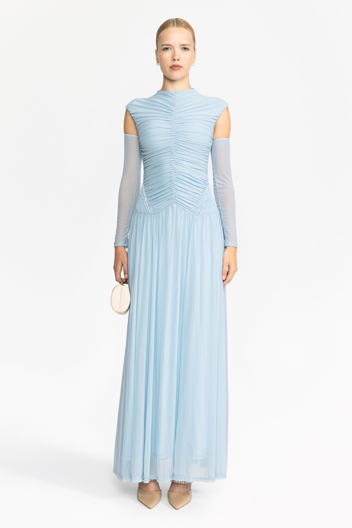 Isolde Sky Blue Ruched Mesh Drop Waist Maxi Dress