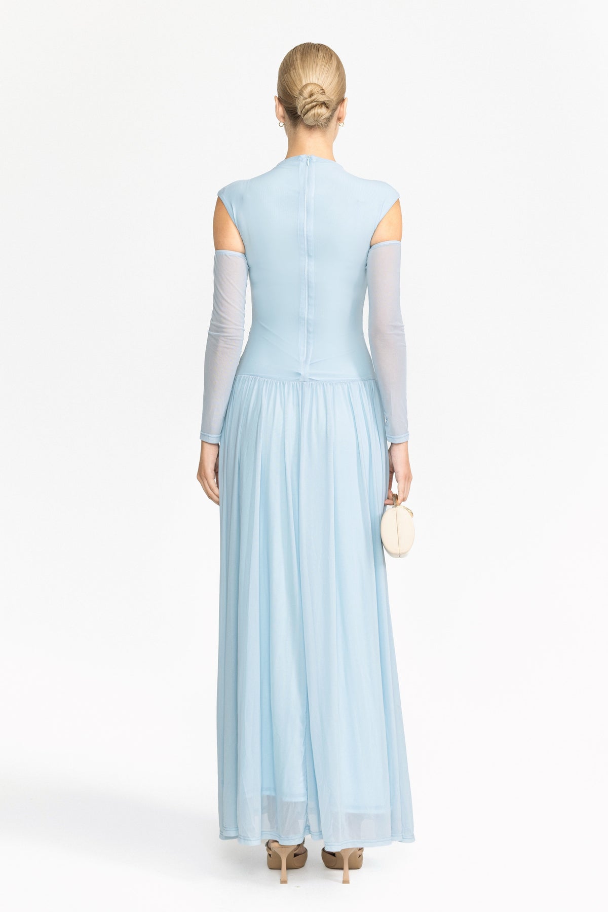 Isolde Sky Blue Ruched Mesh Drop Waist Maxi Dress