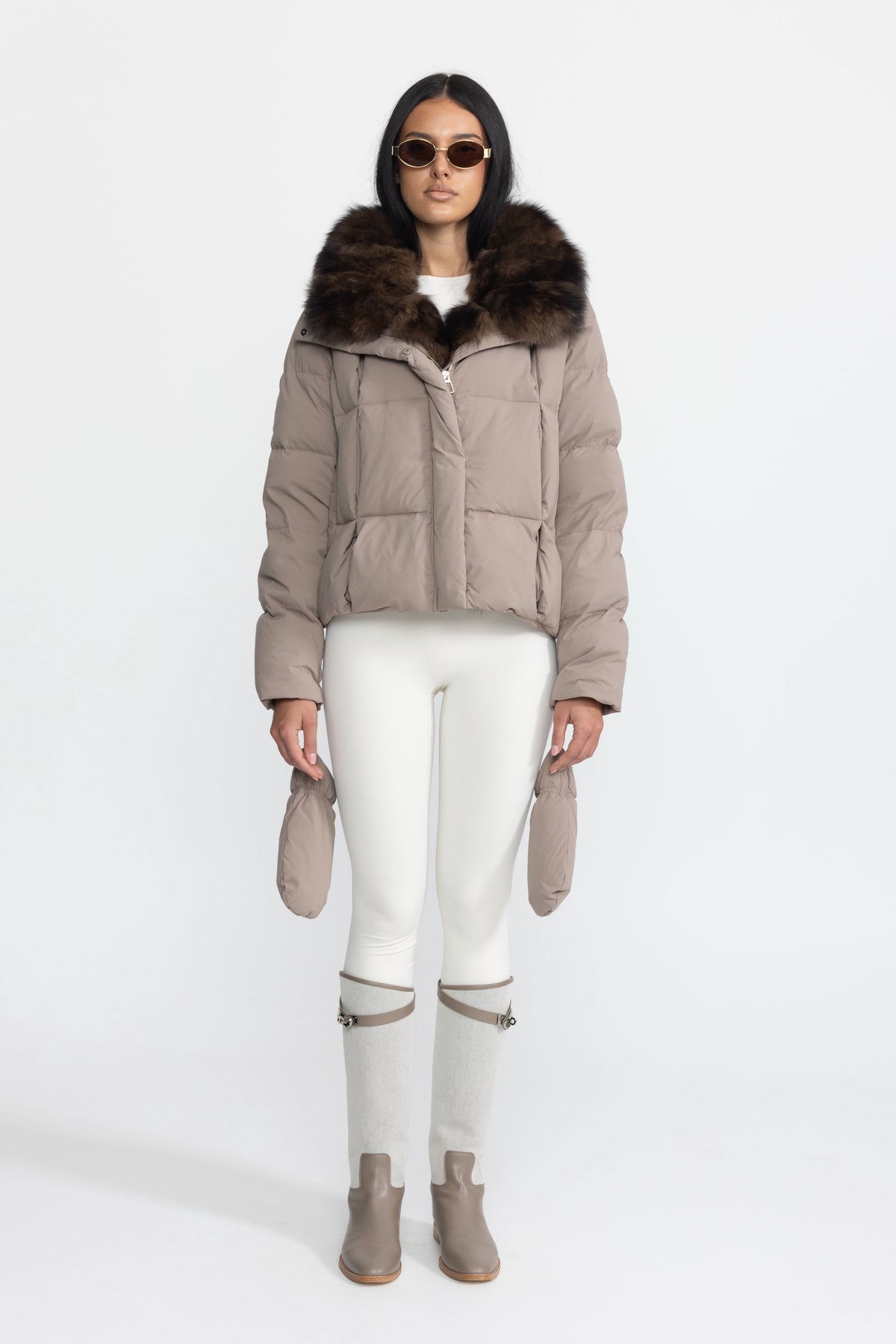 Aliénor Taupe Fox Fur Collar Cropped Down Puffer Jacket